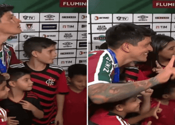 Crianças do Flamengo fazem a festa ao tietar Cano, do Fluminense📹