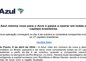 Rio Branco terá voo diário para Belo Horizonte pela Azul