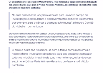 Japonês e estadunidenses recebem o Nobel de medicina